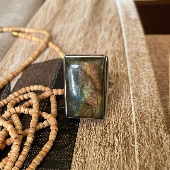 “BOHO” 925 Sterling Silver Natural Labradorite Statement Ring OS - Picture 6 of 10
